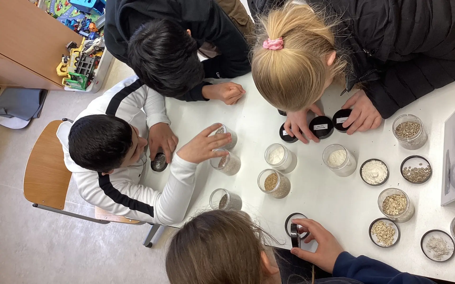 Draufsicht auf vier Schüler*innen, die gemeinsam an einem Tisch in der Schule verschiedene Backzutaten untersuchen. Die Jugendlichen beugen sich konzentriert über die Materialien, um sie im Rahmen der Berufsorientierung für das Bäckerhandwerk zu bestimmen.