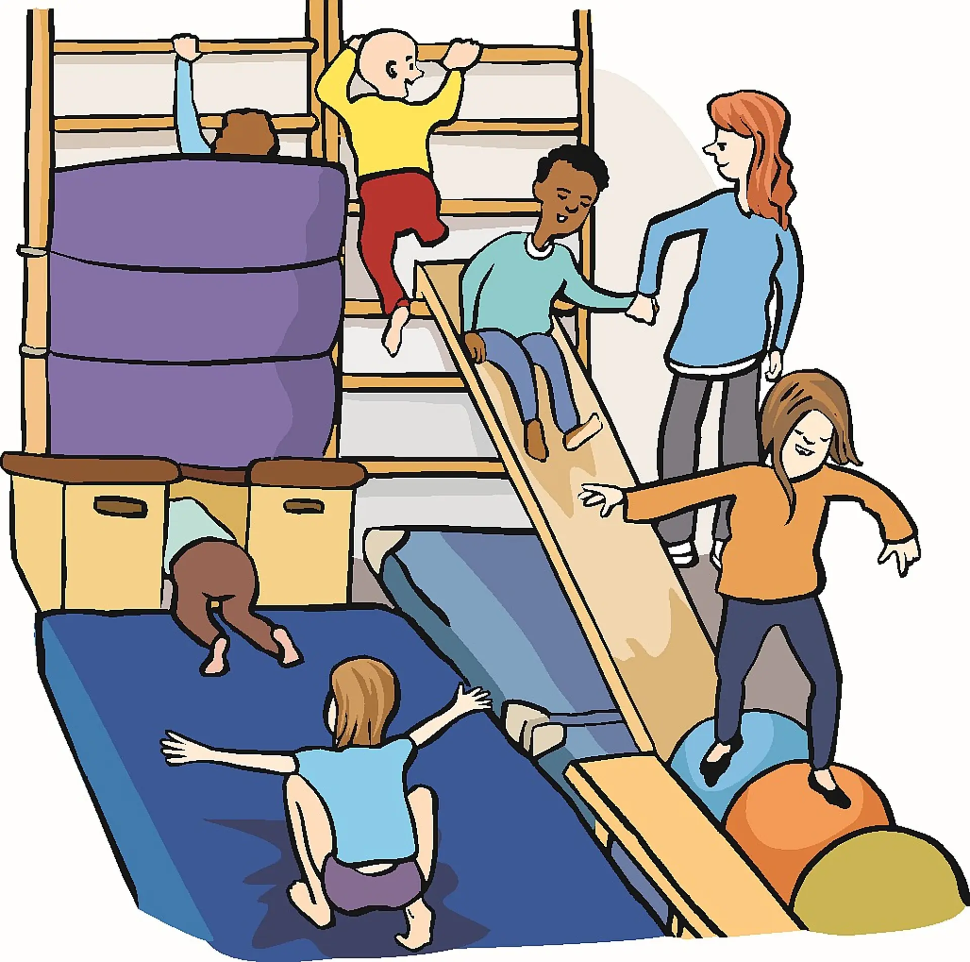 Viele kleine Kinder in der Turnhalle mit einer Lehrkraft beim Sportunterricht.