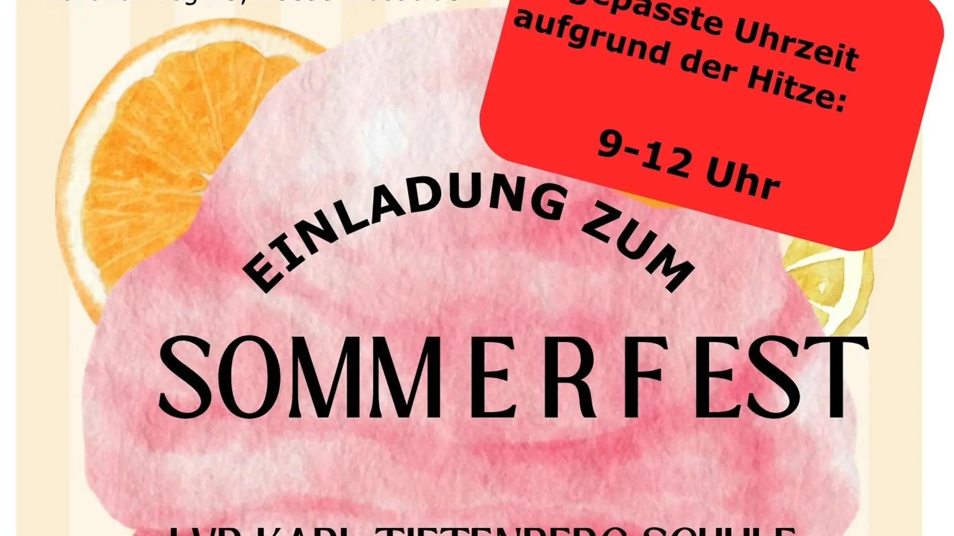 Flyer mit Adresse, Datum und Aktionen. Es wird darum gebeten, einen Teller, Besteck und einen Becher pro Person mitzubringen.