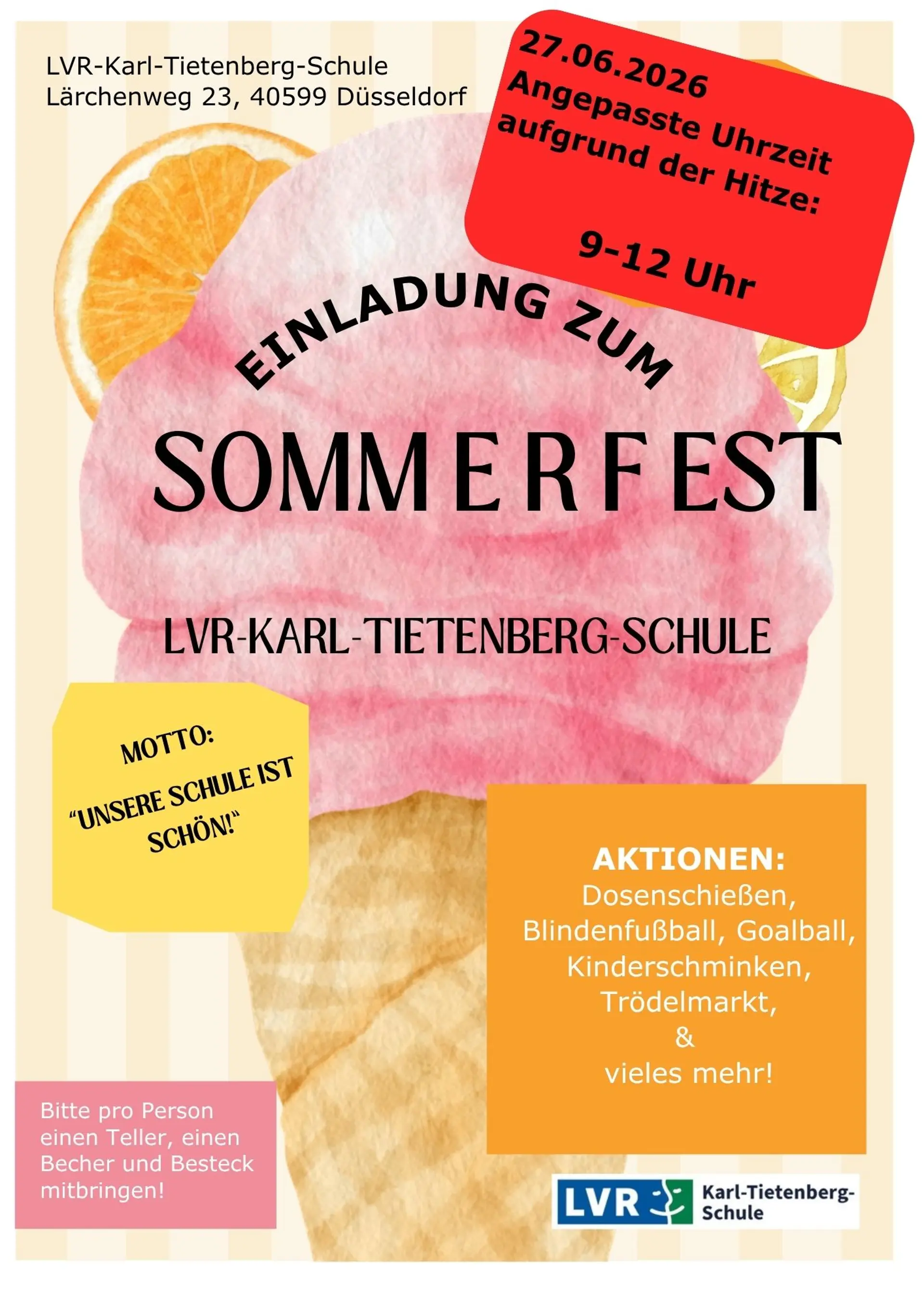 Flyer des Sommerfests mit Informationen zu Termin, Ort und Aktionen. Es wird darum gebeten, Teller, Besteck und einen Becher pro Person mitzubringen. 