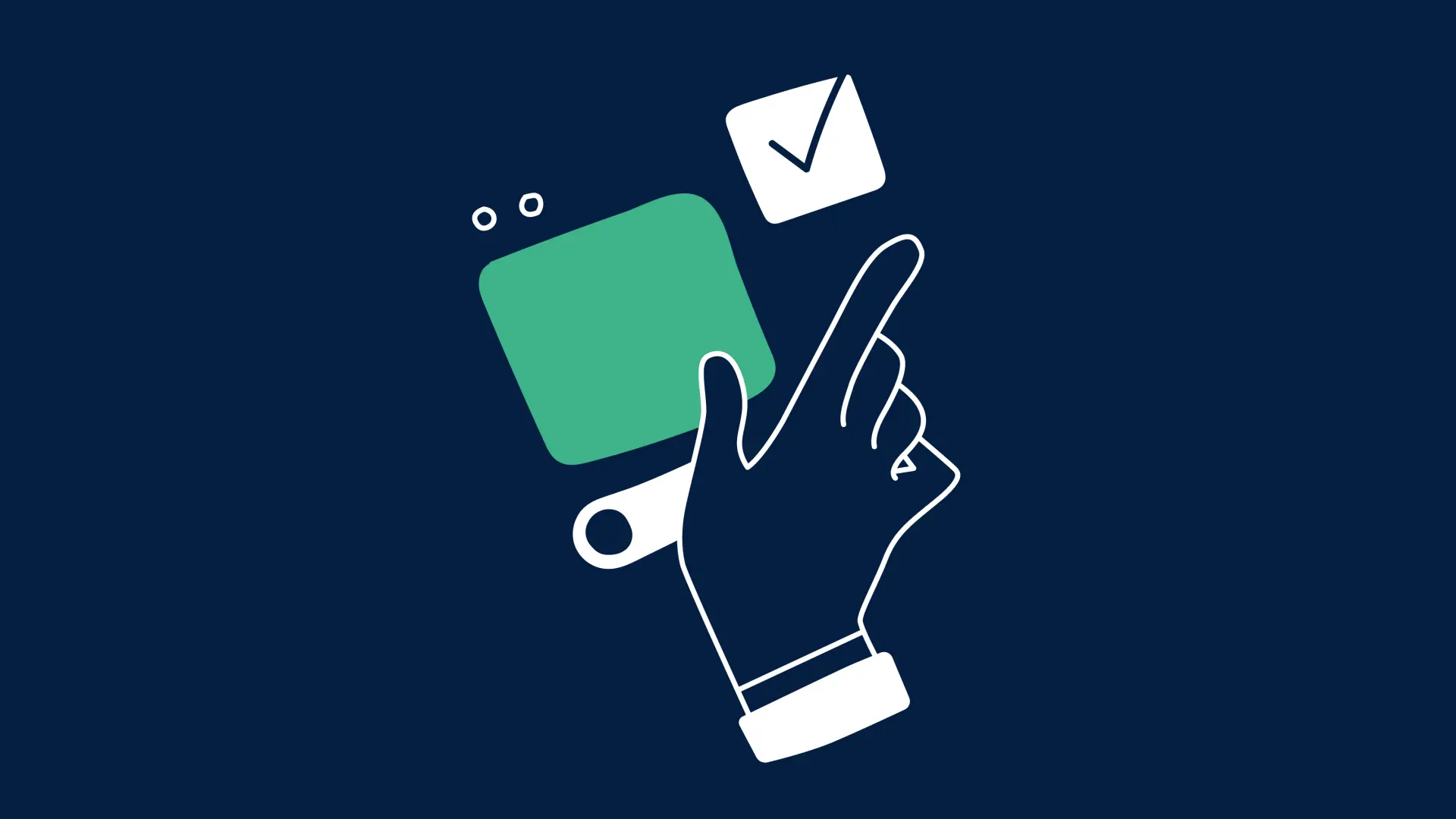 Illustration mit dunklem Hintergrund. Darauf ist eine Hand zu sehen, die verschiedene Vierecke anklickt, die App-Fenster andeuten sollen.