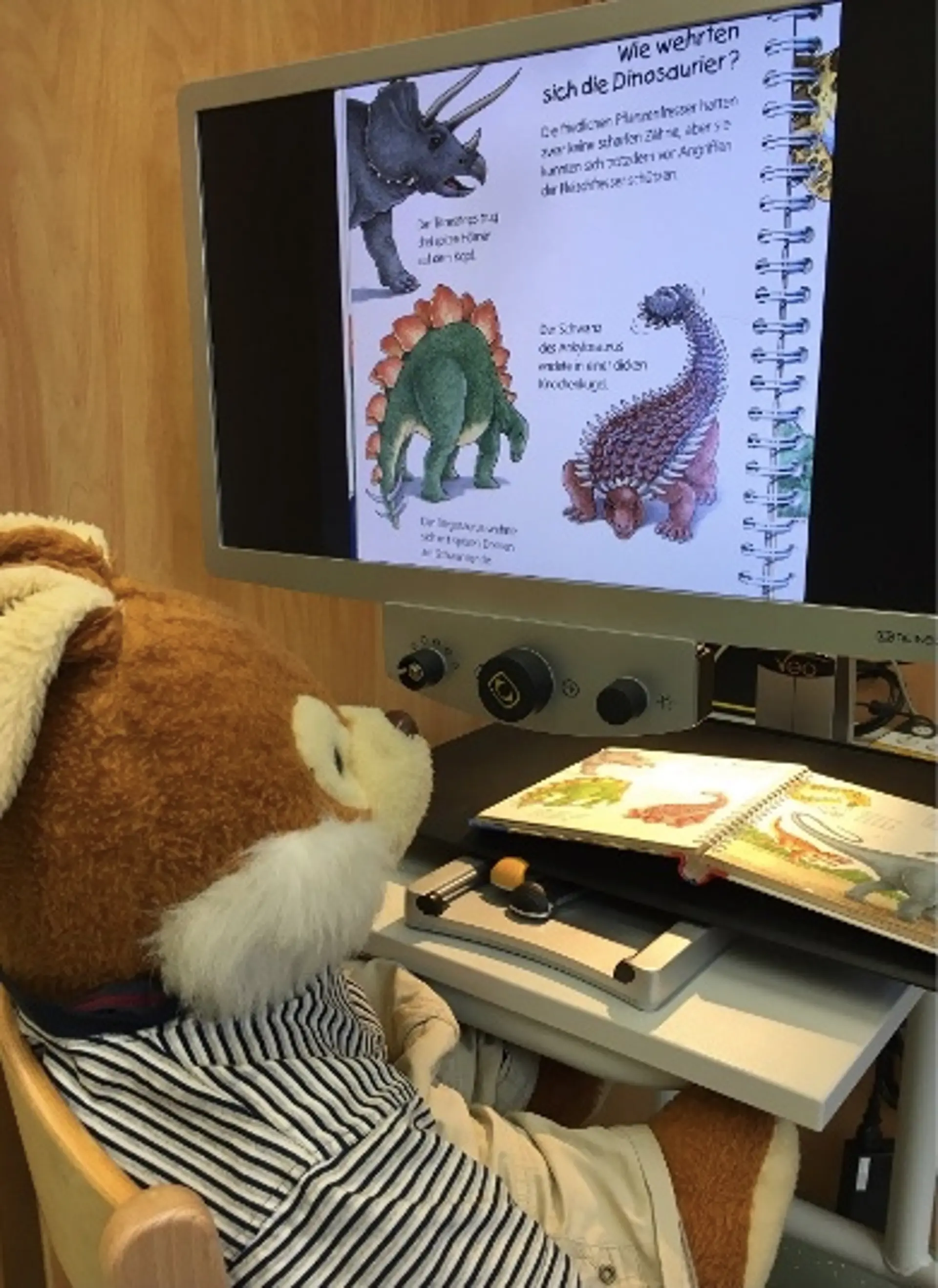 Die Stoffpuppe Harry Hase sitzt an einem Tisch vor einem Bildschirmlesegerät. Auf dem beweglichen Kreuztisch des Geräts liegt ein aufgeschlagenes Kinderbuch über Dinosaurier, das stark vergrößert auf dem Monitor darüber erscheint.
